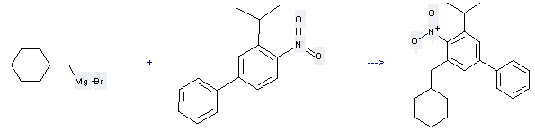 The Magnesium,bromo(cyclohexylmethyl)- can react with 3-Isopropyl-4-nitrobiphenyl to get 5-Cyclohexylmethyl-3-isopropyl-4-nitro-biphenyl